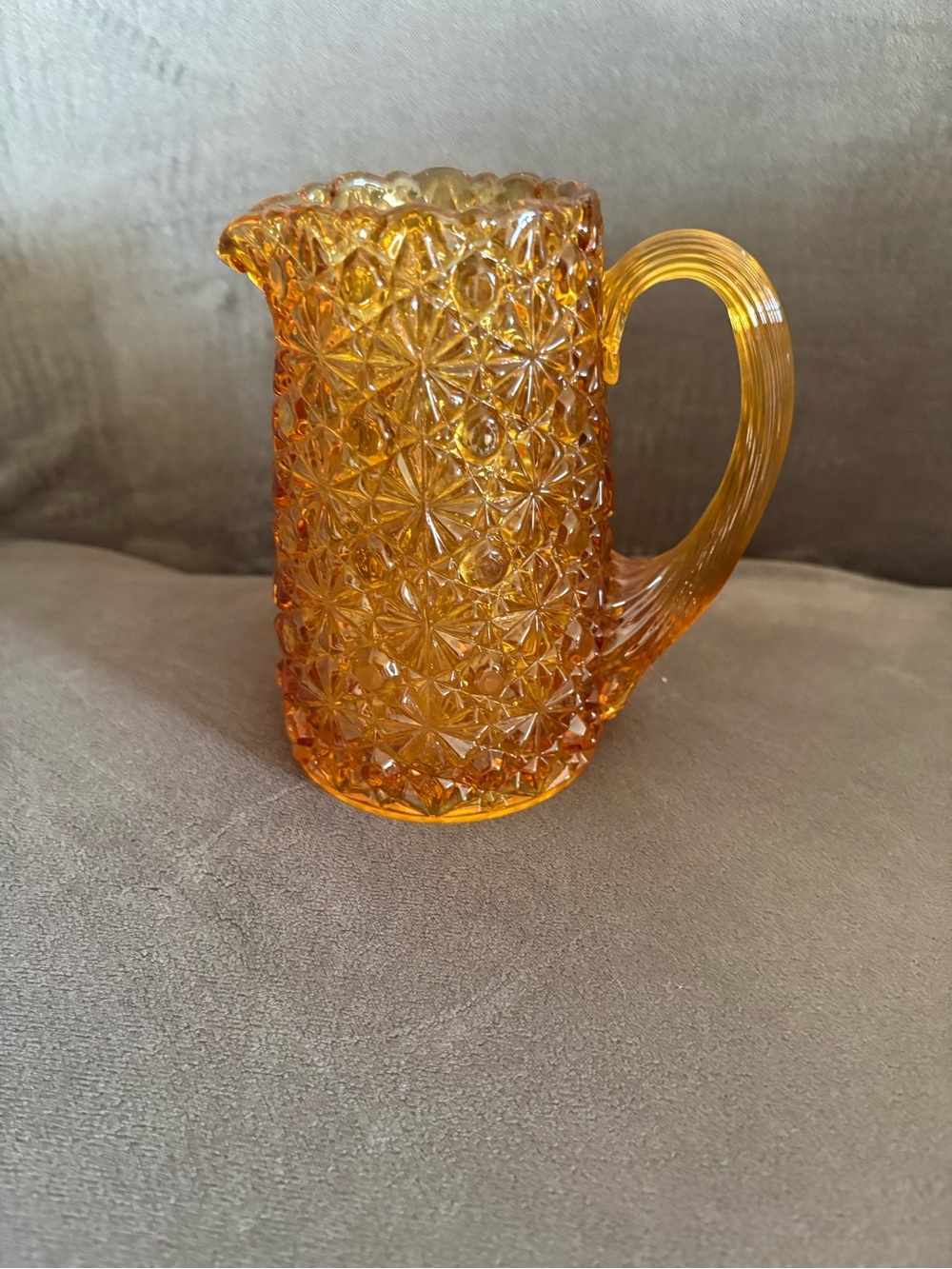 Vintage Amber Daisy And Button EAPG Pressed Glass 5” Pitcher With Handle